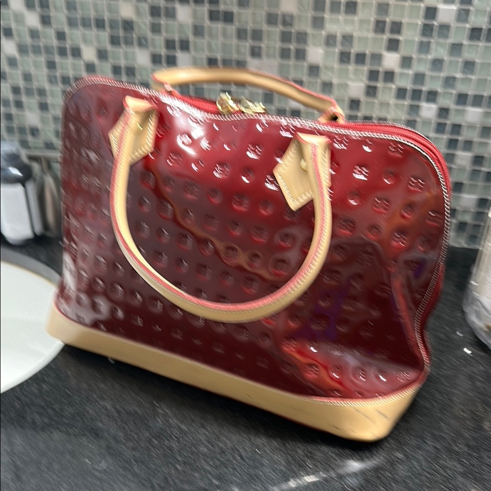 Red and Tan Arcadia Patent Leather Satchel with Gold Hardware